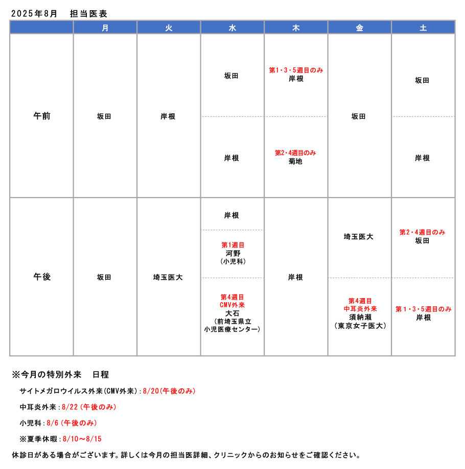 2025年8月担当医表